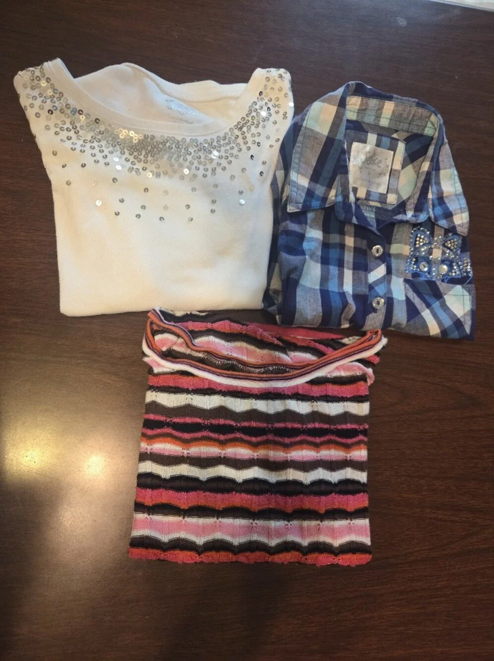 Girls Justice White Sequin Neck Knit Top, Blue Owl Sequin & Pink & Black Knit